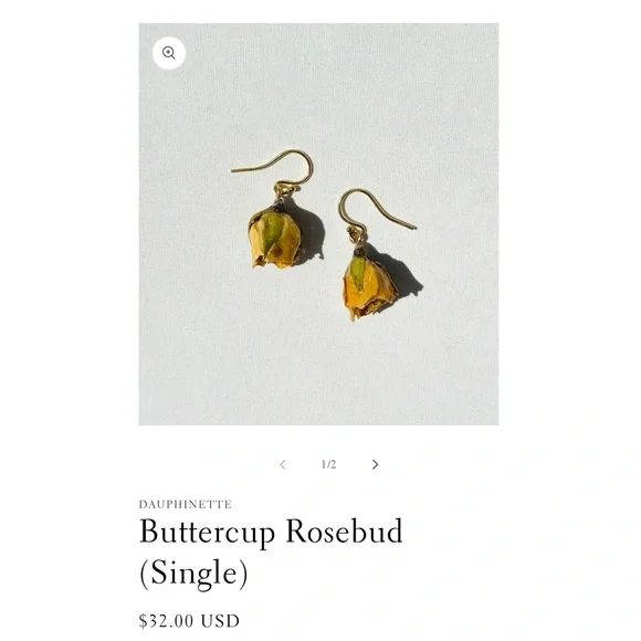 Dauphinette Preserved Flower Earrings Buttercup Rosebud Purple Wisteria - Picture 8 of 9